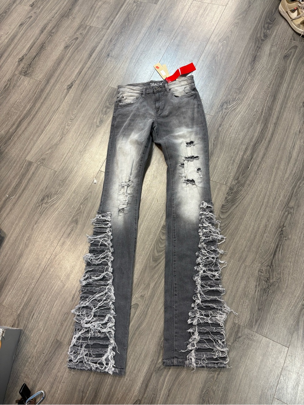 High-Rise Distressed Gray mens extded Jeans with Frayed Side Panels